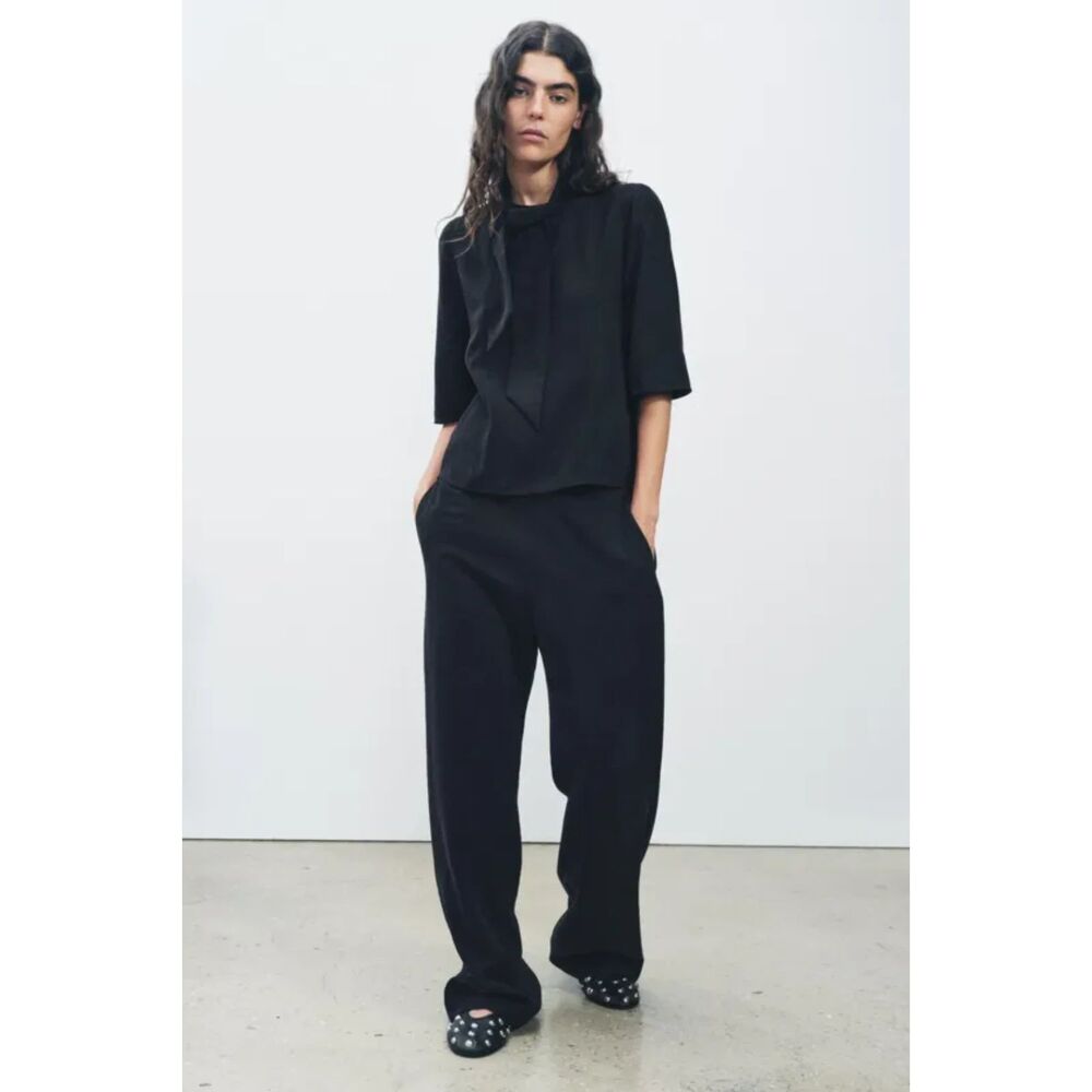 Black Zara Round Tie-Neck Quarter Sleeve Relaxed Fit Blouse Top (NWT)